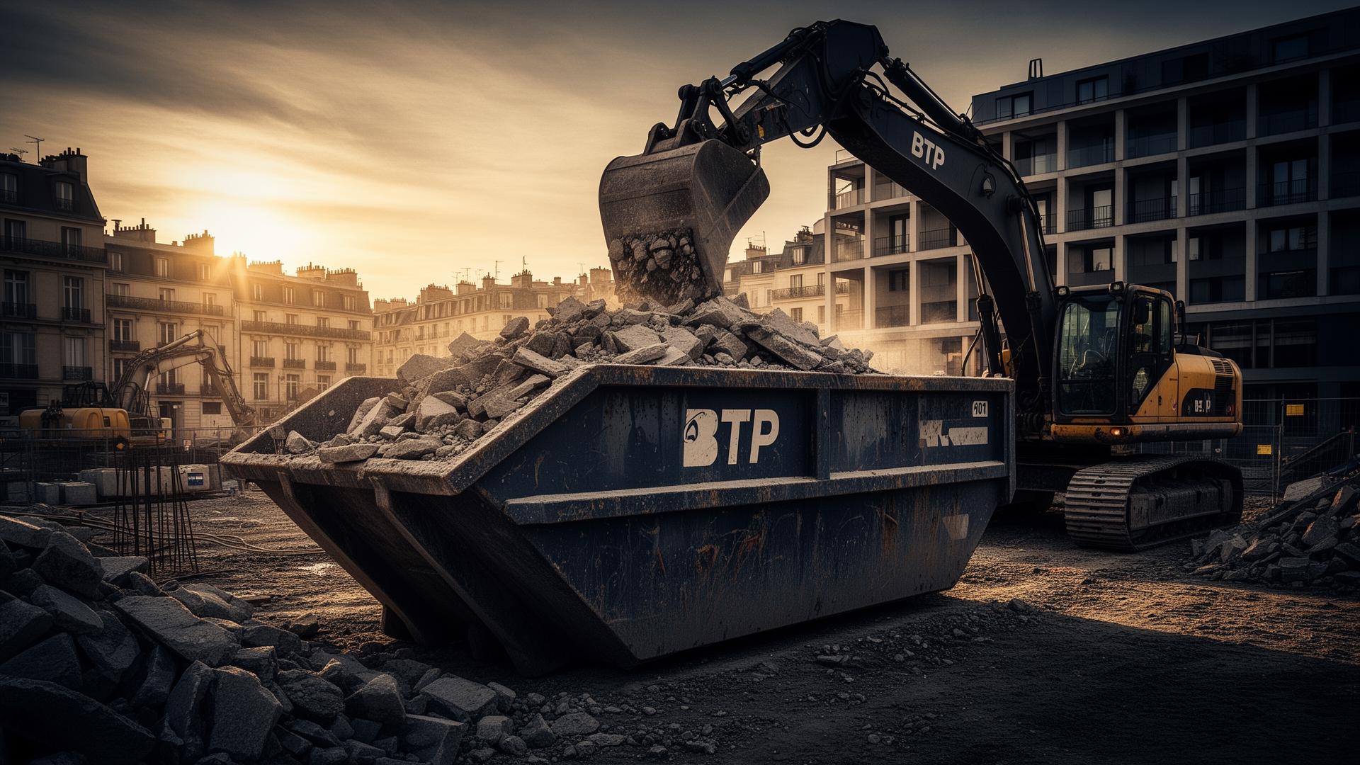 Benne BTP sur chantier à Drancy